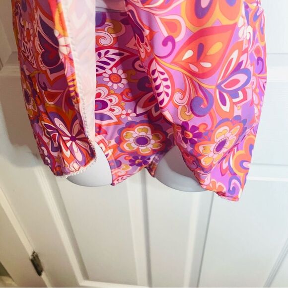 Unique Vintage Boho Floral Skirted Swimsuit Plunging Neckline Pink Orange S NWT - Picture 9 of 13